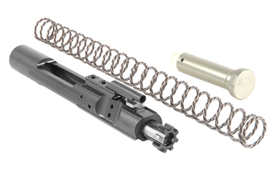 Disassembled firearm bolt carrier with recoil spring and buffer