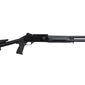 Close-up of black tactical rifle with rail system