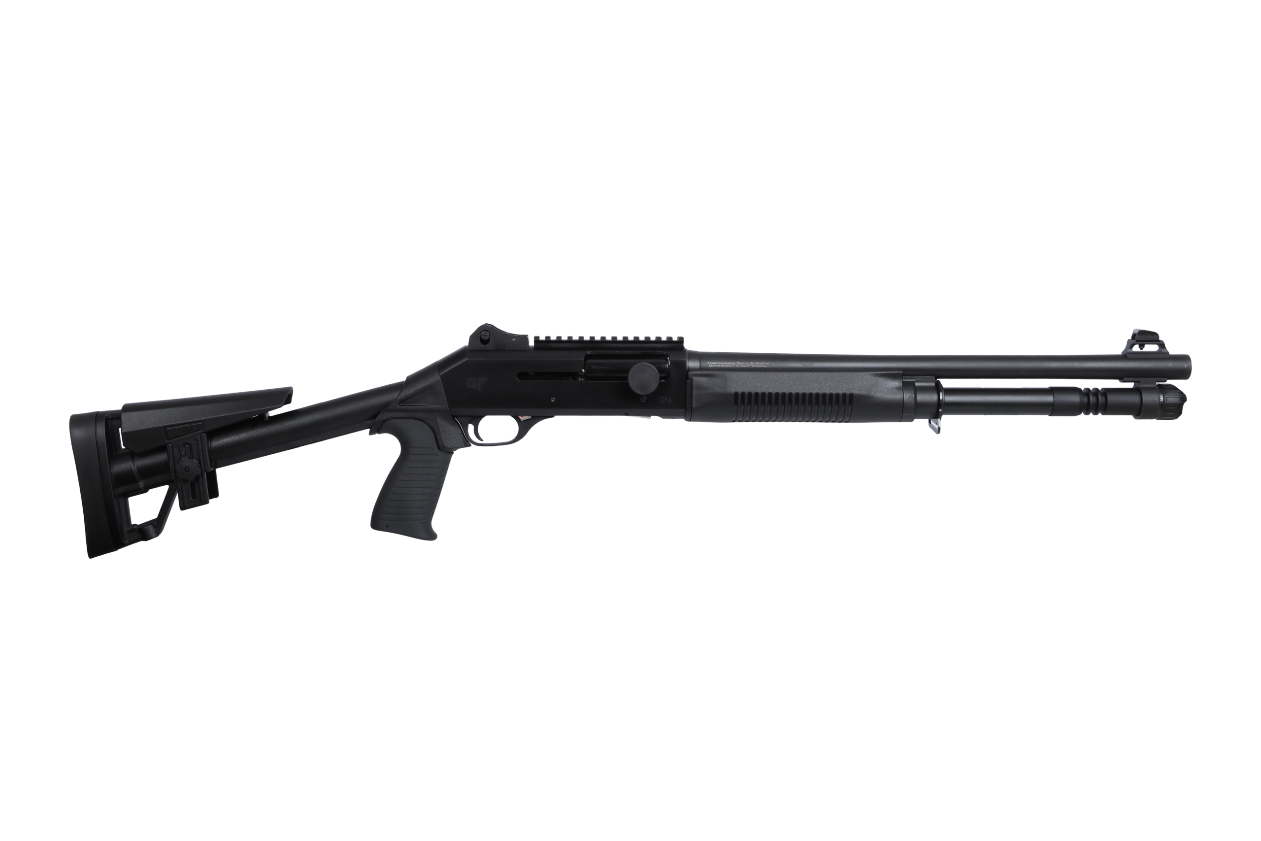 Close-up of black tactical rifle with rail system
