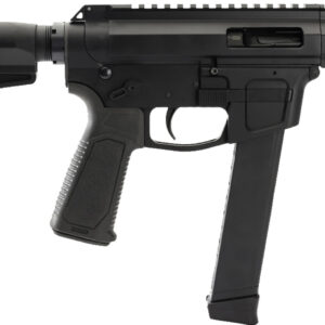 Black compact tactical firearm with stock and extended magazine