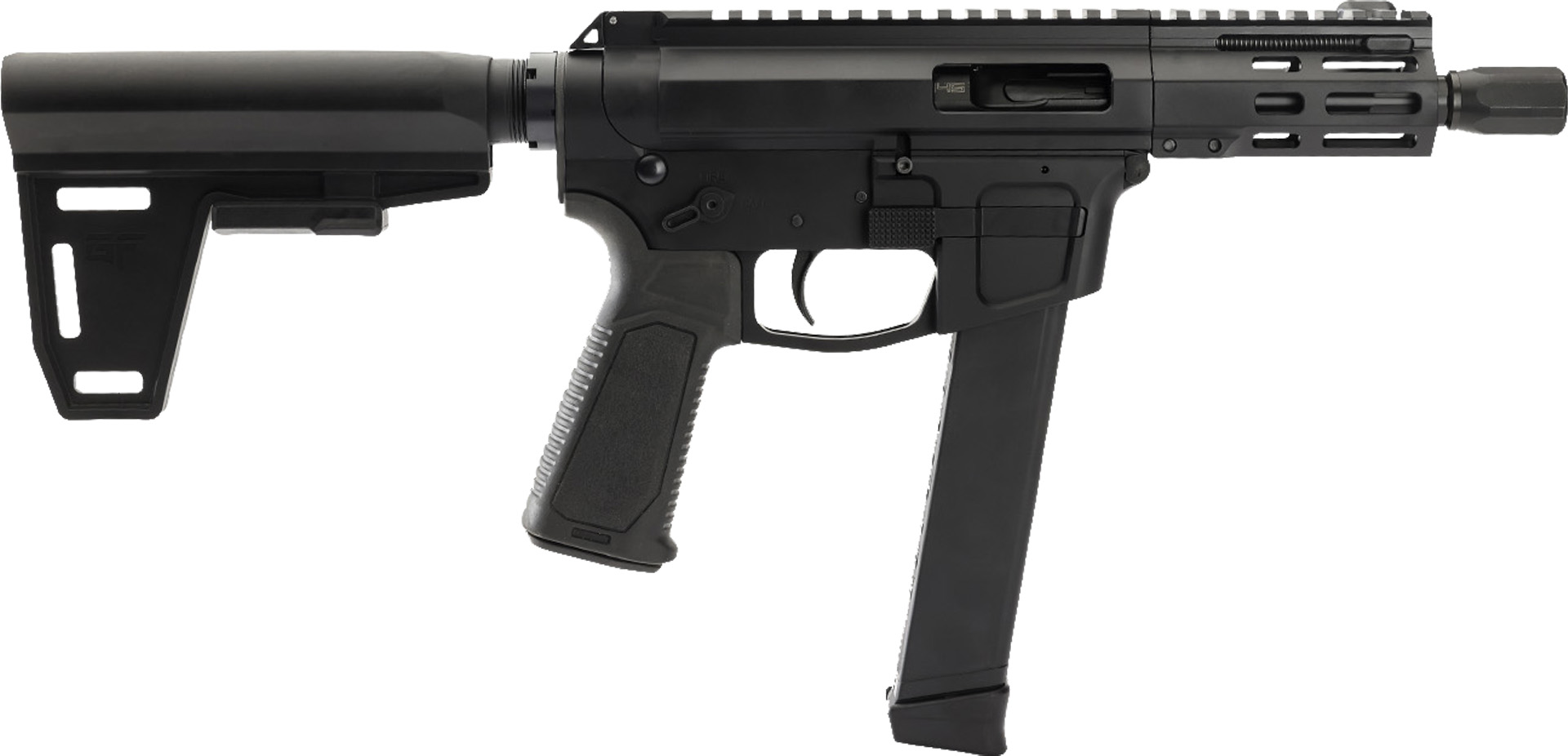 Black compact tactical firearm with stock and extended magazine