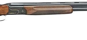 Side view of a wooden-stock multi-barrel shotgun