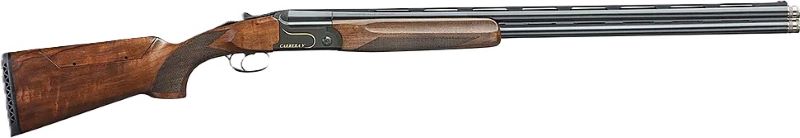 Side view of a wooden-stock multi-barrel shotgun