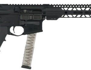 Black AR-style rifle with translucent curved magazine