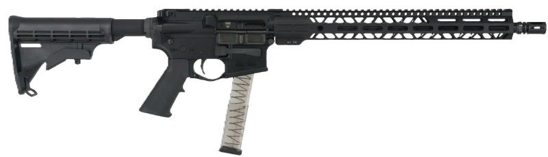 Black AR-style rifle with translucent curved magazine