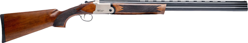 Side view of engraved over-under double-barrel shotgun