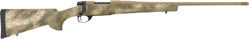 Tan camouflage bolt-action rifle with long barrel