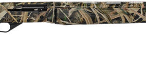 Camouflage-patterned semi-automatic shotgun shown in side profile
