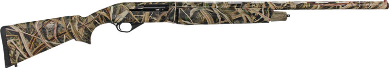 Camouflage-patterned semi-automatic shotgun shown in side profile