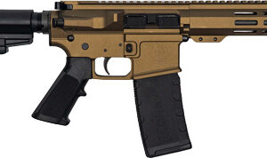 Tan and black AR-style rifle on white background