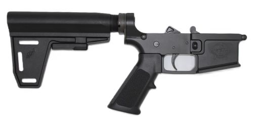 Black AR-style lower receiver with adjustable stock and pistol grip