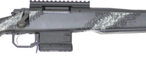 Gray camouflage bolt-action rifle with long black barrel