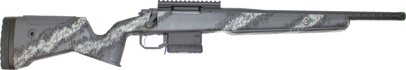 Gray camouflage bolt-action rifle with long black barrel