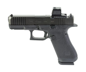 Black semi-automatic pistol with mounted red-dot sight