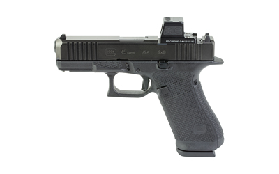 Black semi-automatic pistol with mounted red-dot sight