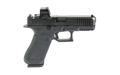 Black semi-automatic pistol with mounted red-dot sight