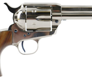Stainless steel revolver with wooden grip on white background