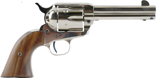 Stainless steel revolver with wooden grip on white background