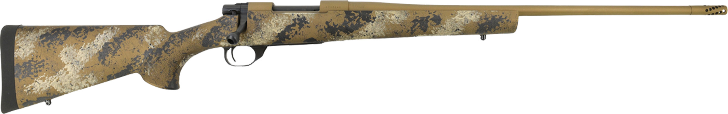 Camouflaged bolt-action rifle with long barrel