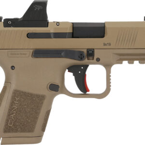Tan Canik 9mm pistol with mounted red-dot sight