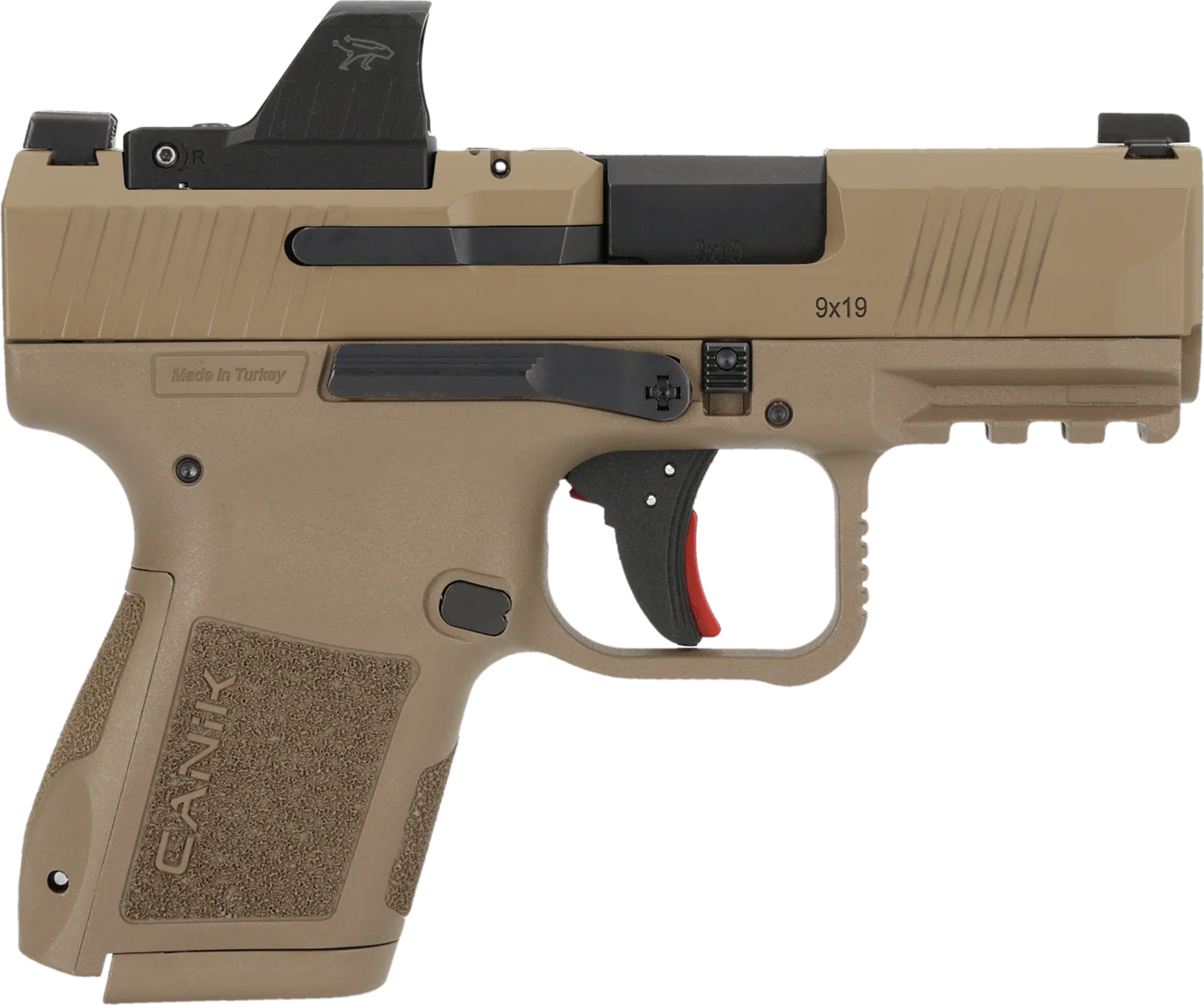 Tan Canik 9mm pistol with mounted red-dot sight