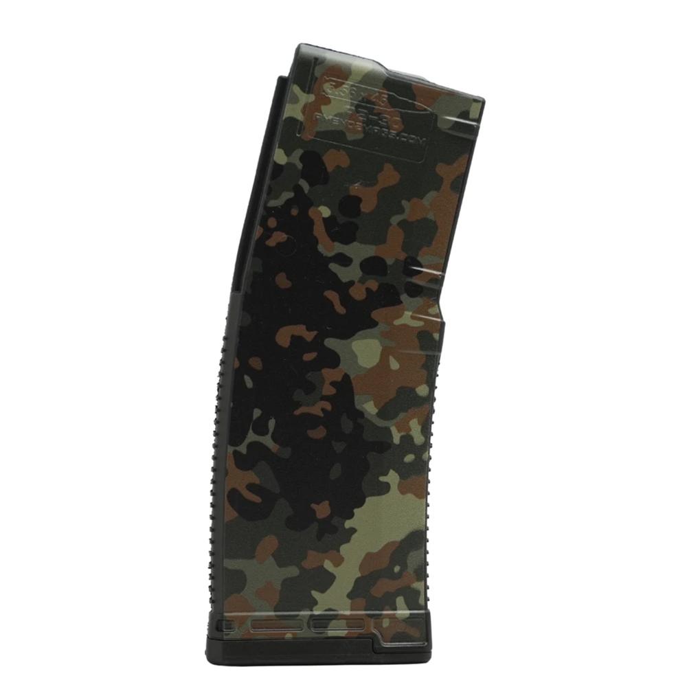 Camouflage-patterned rifle magazine on a white background