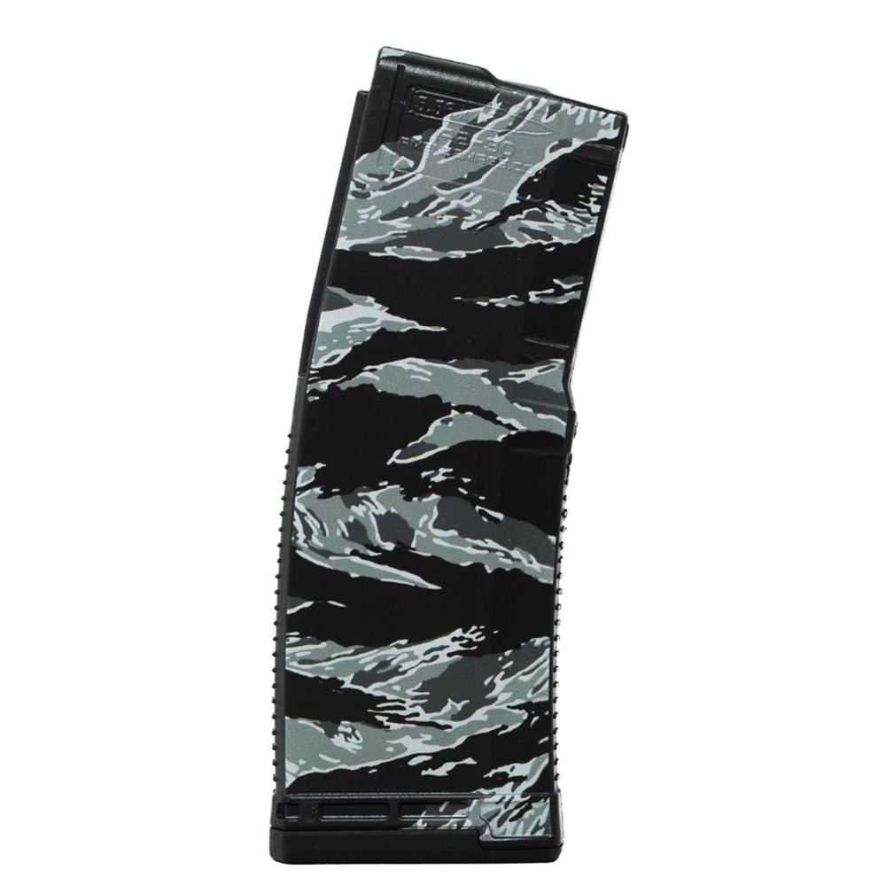 Black rifle magazine with gray tiger-stripe camouflage
