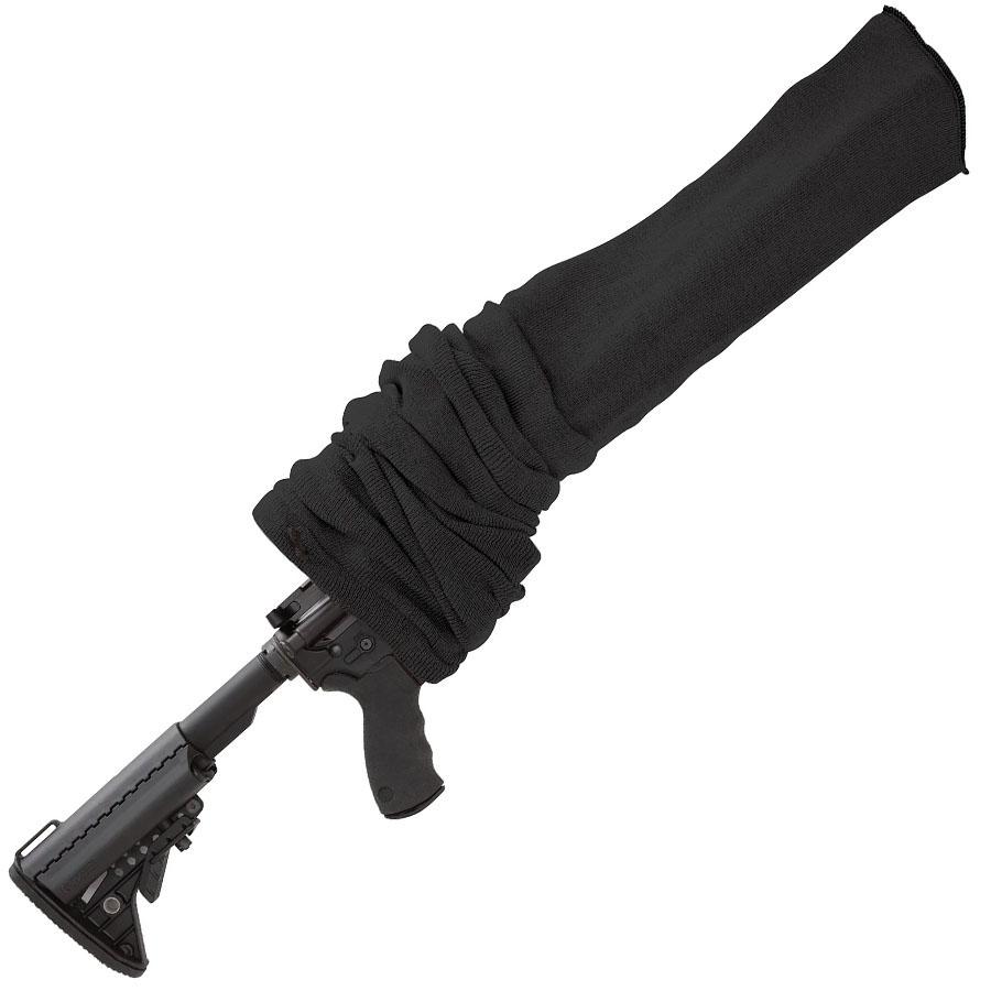 AR-style rifle partially covered by a black fabric sleeve
