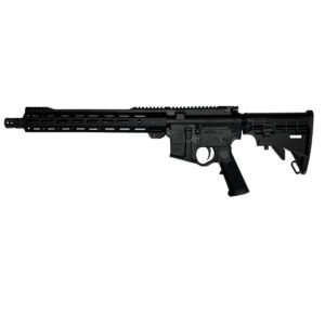 Black AR-style rifle with adjustable stock on white background