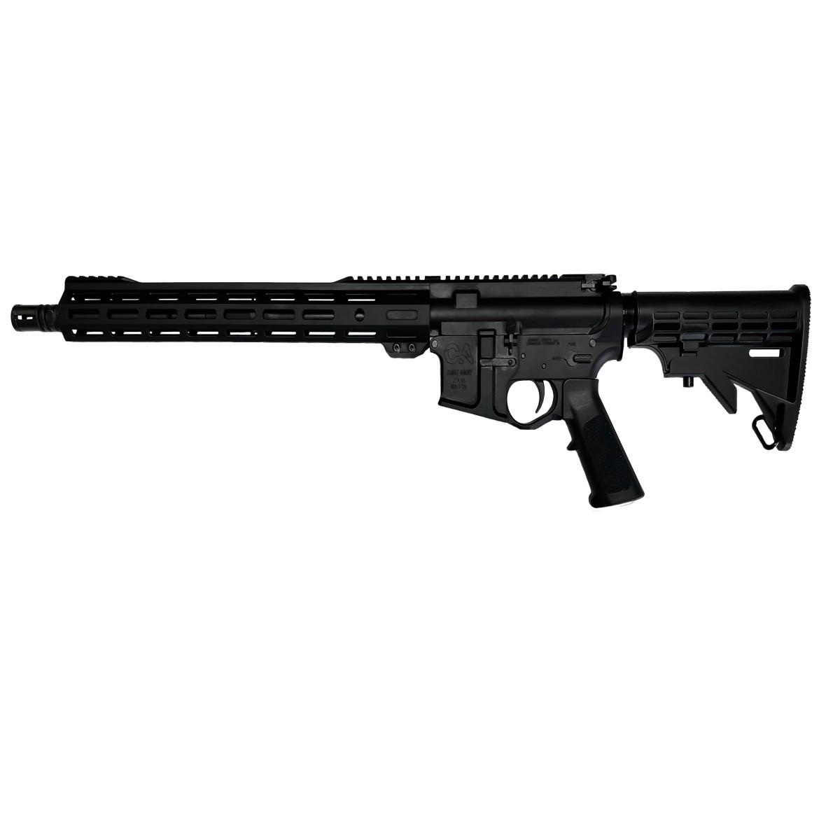 Black AR-style rifle with adjustable stock on white background