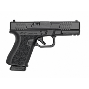 Black semi-automatic pistol shown in side profile