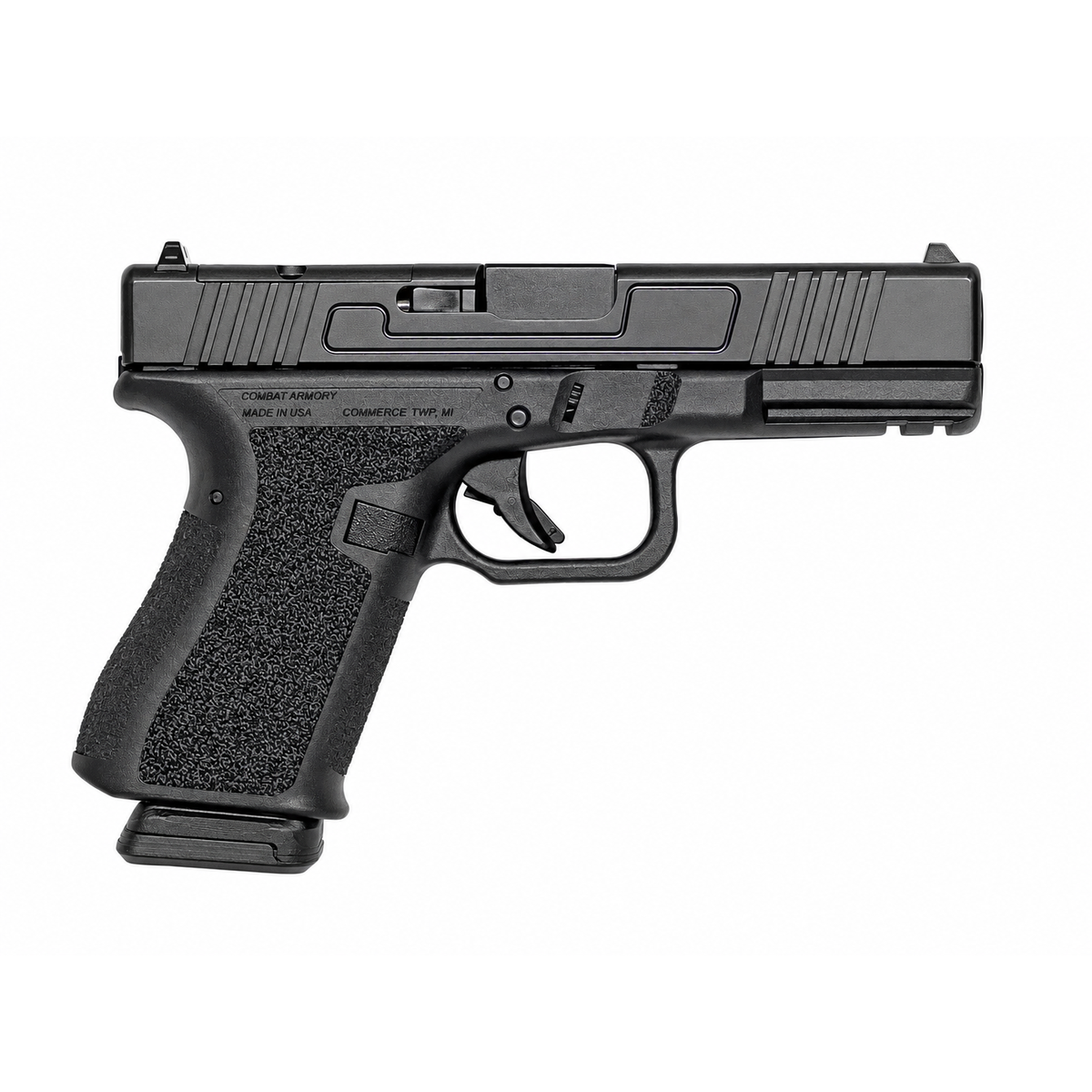 Black semi-automatic pistol shown in side profile