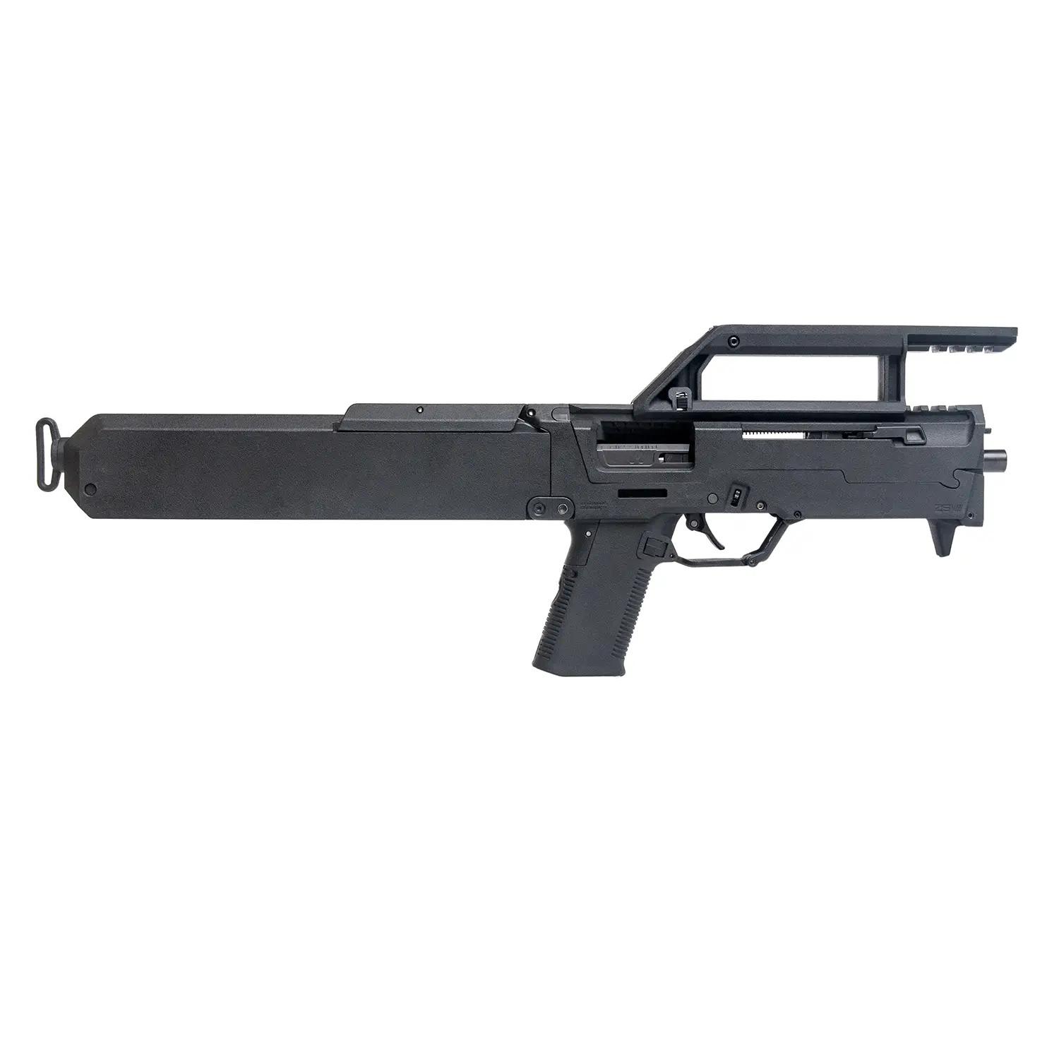 Black compact submachine gun shown in side profile