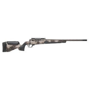 Camouflage bolt-action rifle with long barrel on white background