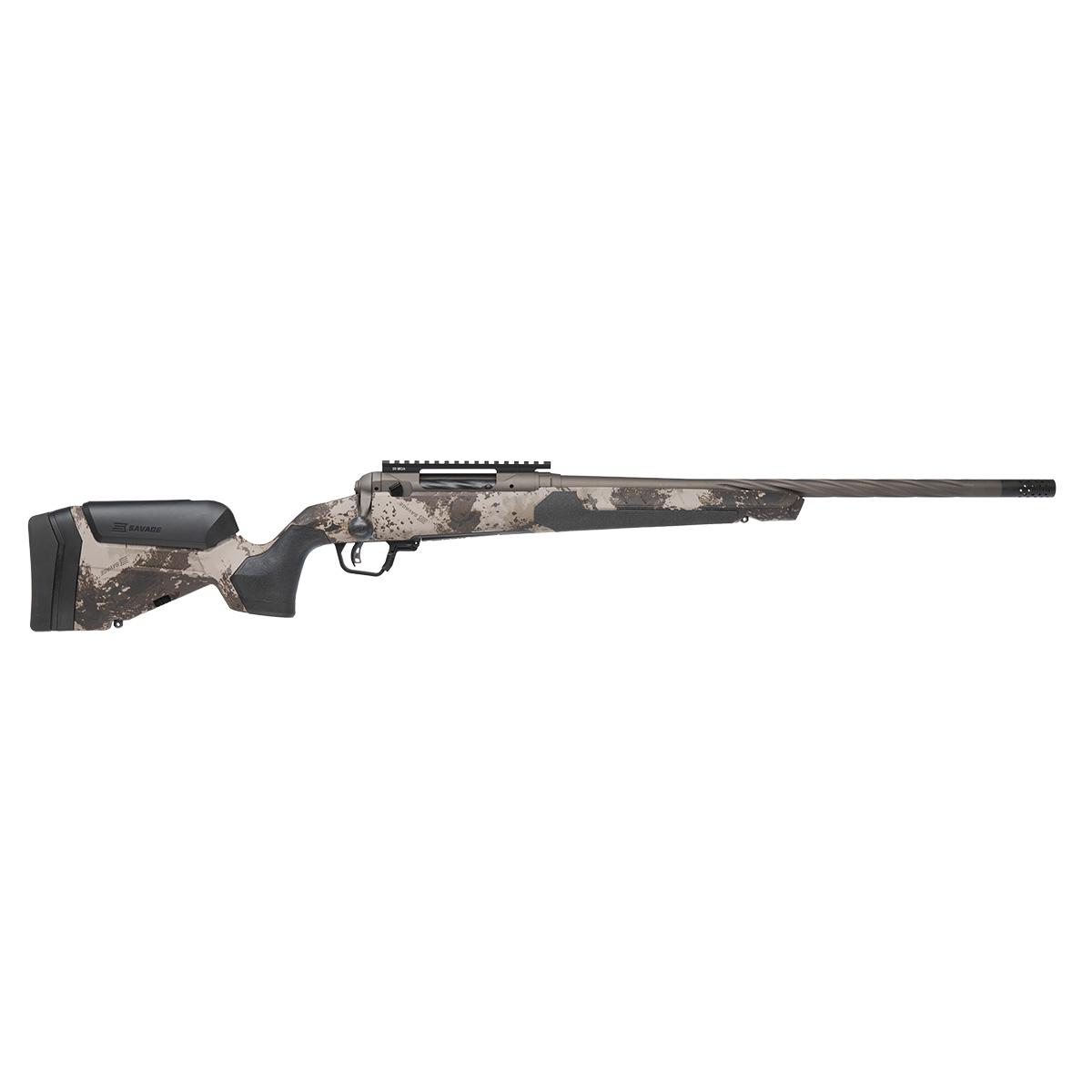 Camouflage bolt-action rifle with long barrel on white background
