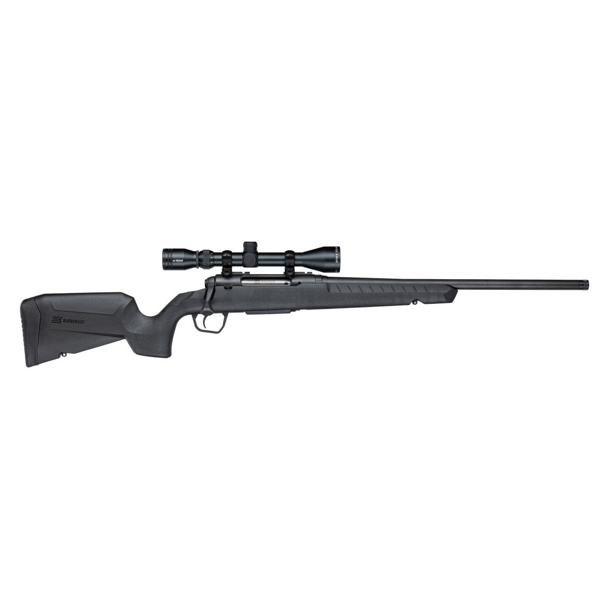 Black Savage bolt-action rifle with mounted scope