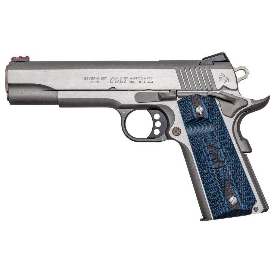 Silver Colt 1911-style 9mm pistol with blue grips