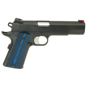 Black 1911-style pistol with blue textured grip panels