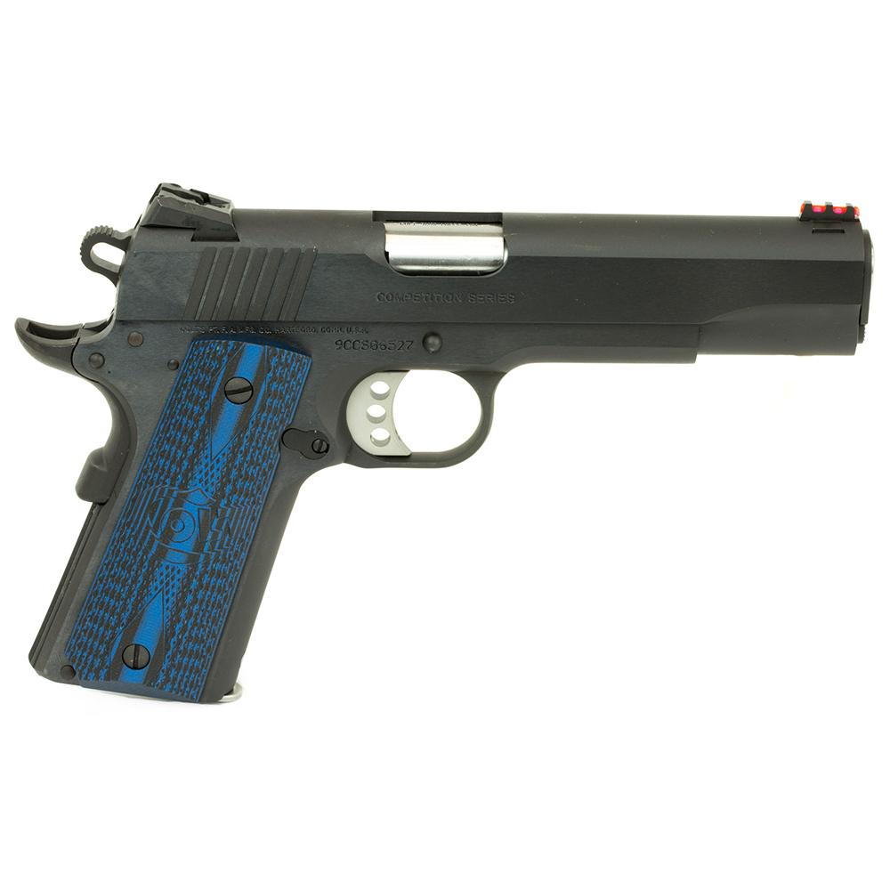 Black 1911-style pistol with blue textured grip panels