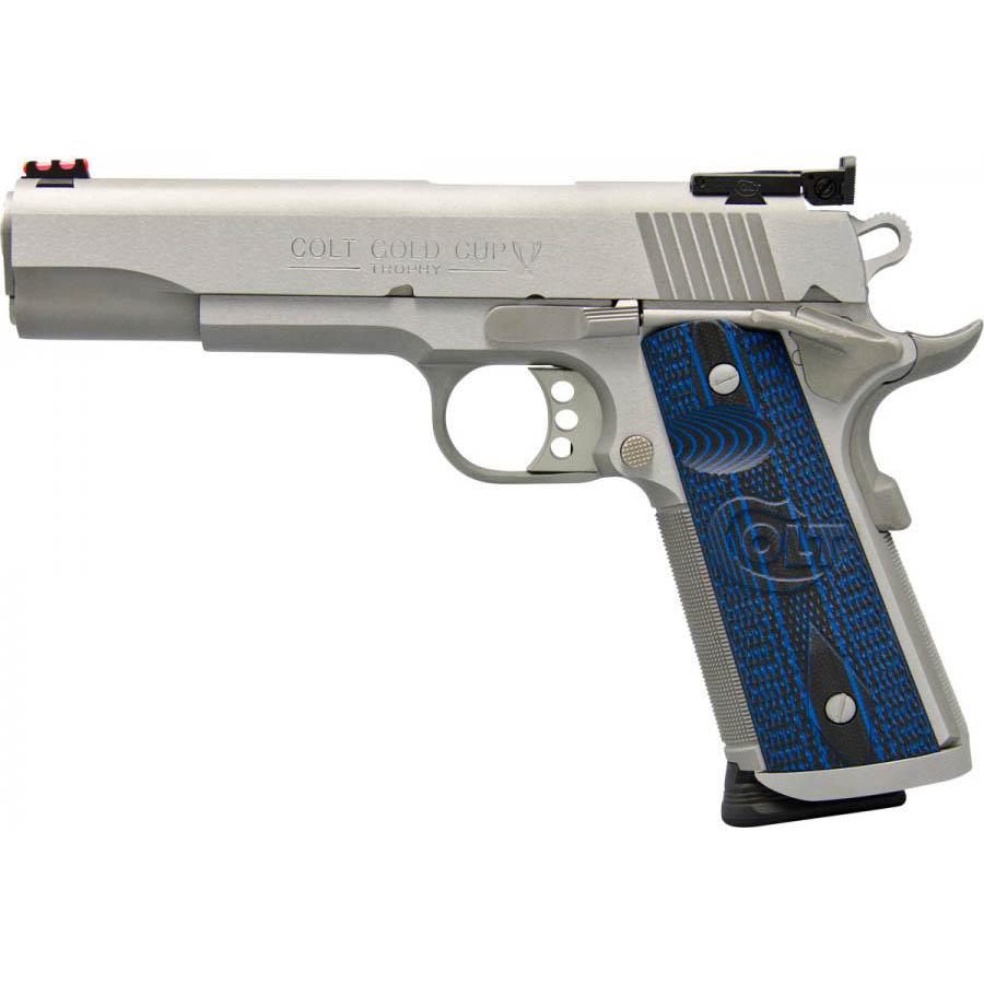 Silver Colt Gold Cup Trophy 1911 pistol with blue grips