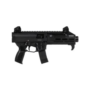 Black compact firearm with magazine and folding sights