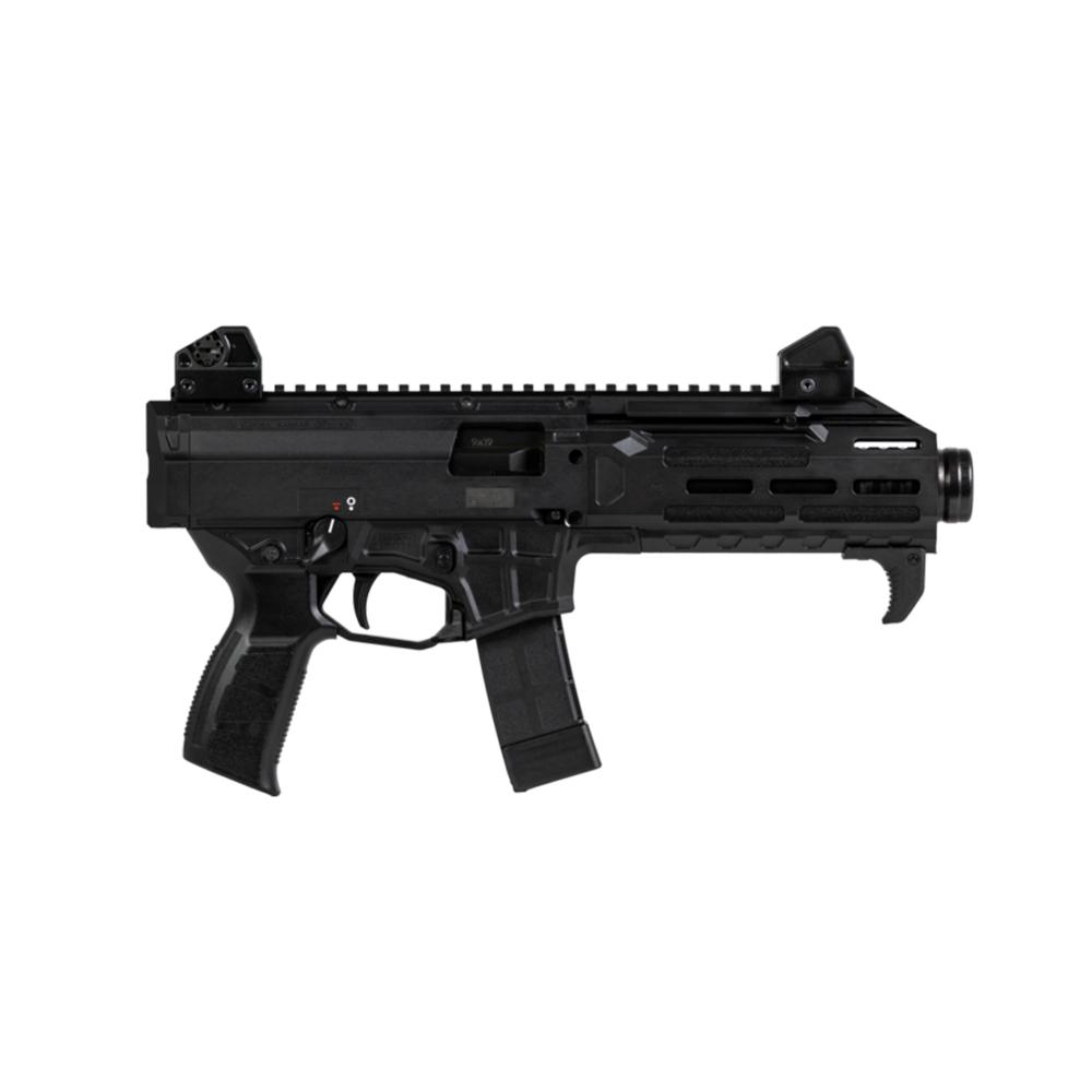 Black compact firearm with magazine and folding sights