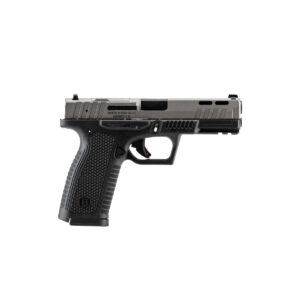Side profile of a compact black and gray semi-automatic pistol