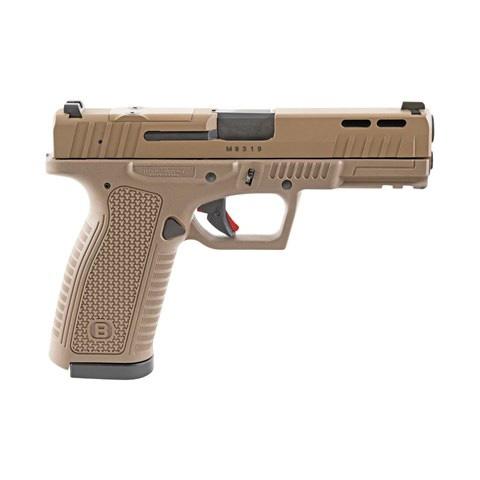 Tan semi-automatic handgun shown in side profile