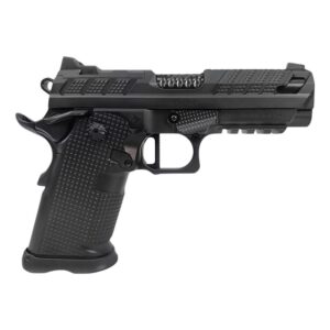 Black tactical-style semi-automatic handgun on white background