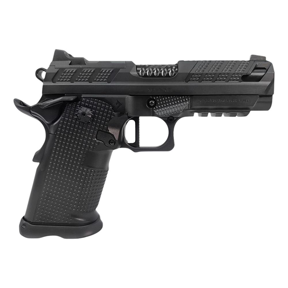 Black tactical-style semi-automatic handgun on white background