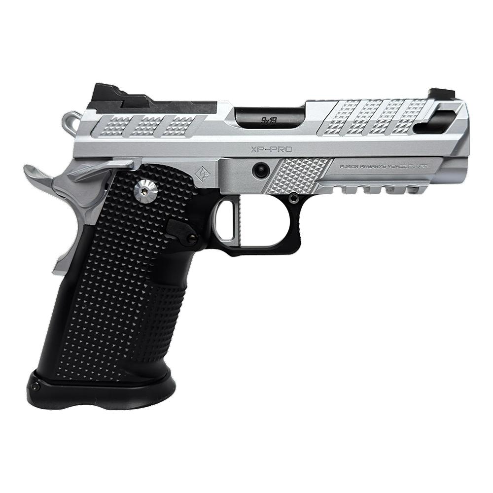 Silver and black 9mm semi-automatic pistol on white background