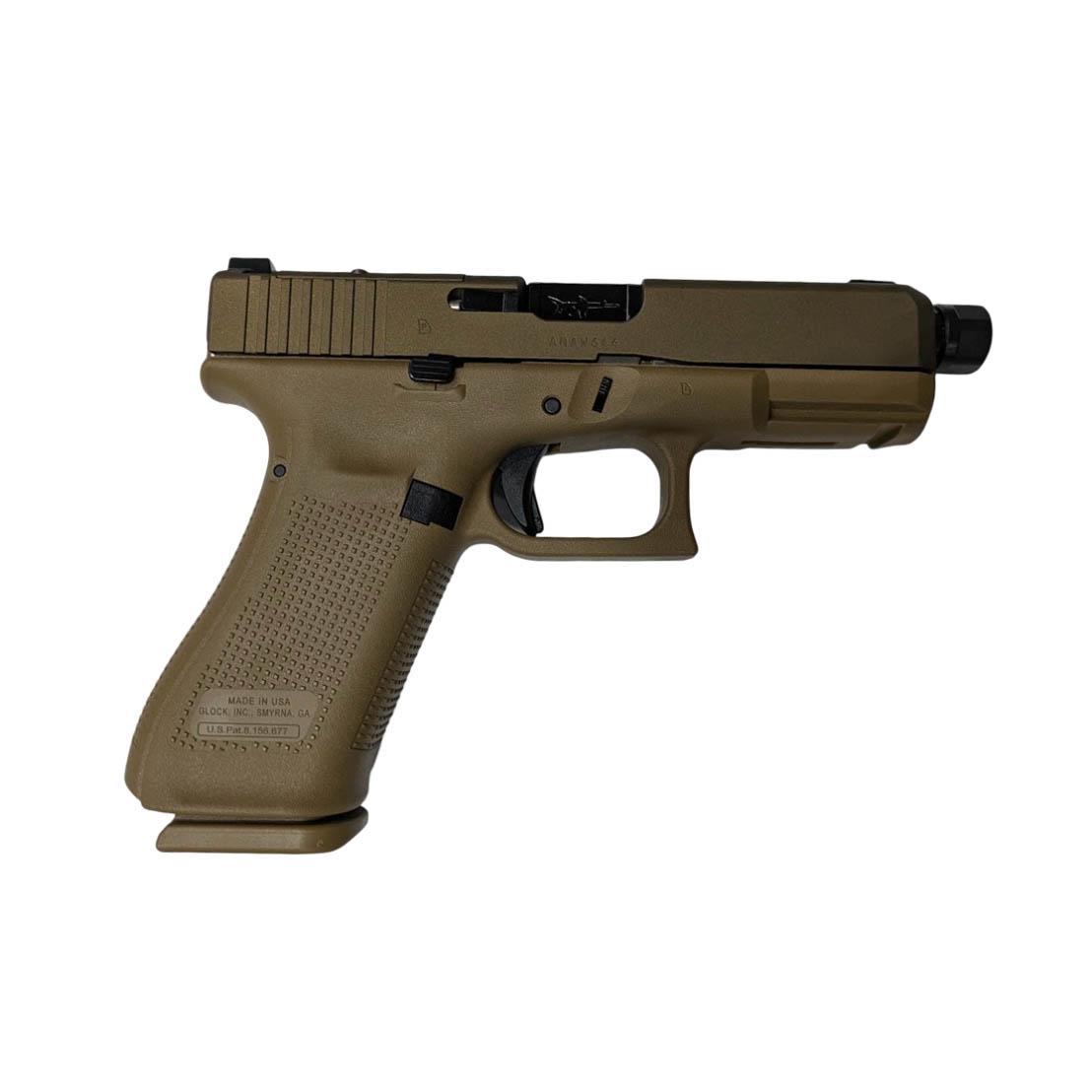 Olive-drab semi-automatic handgun shown in left-side profile