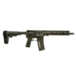 Black AR-style rifle with adjustable brace and magazine