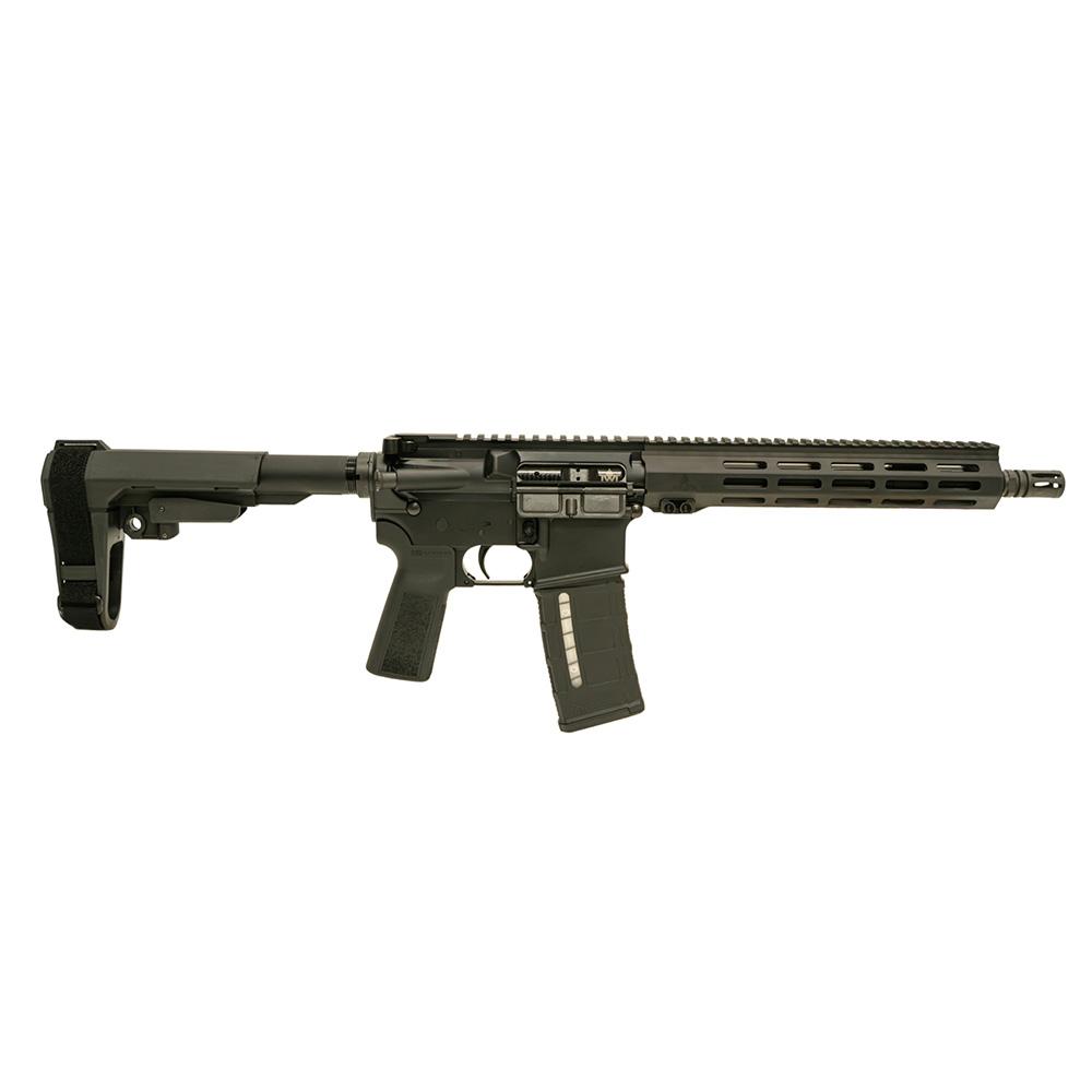 Black AR-style rifle with adjustable brace and magazine